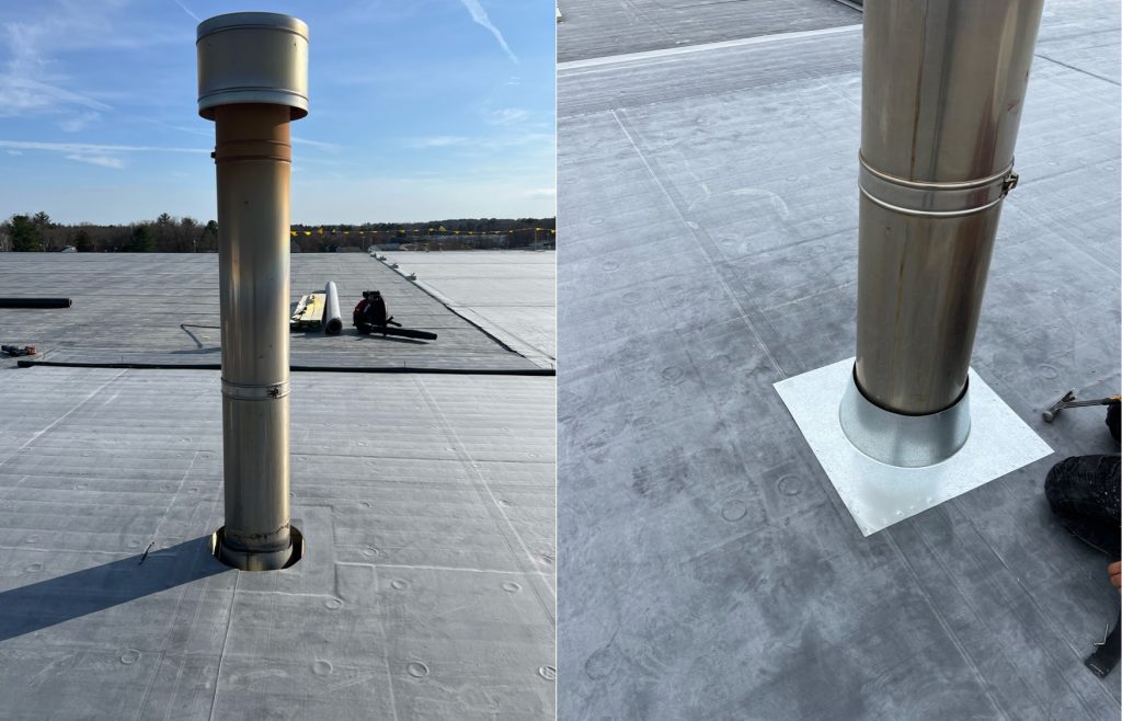 Furnace pipe with flashing on rubber roof